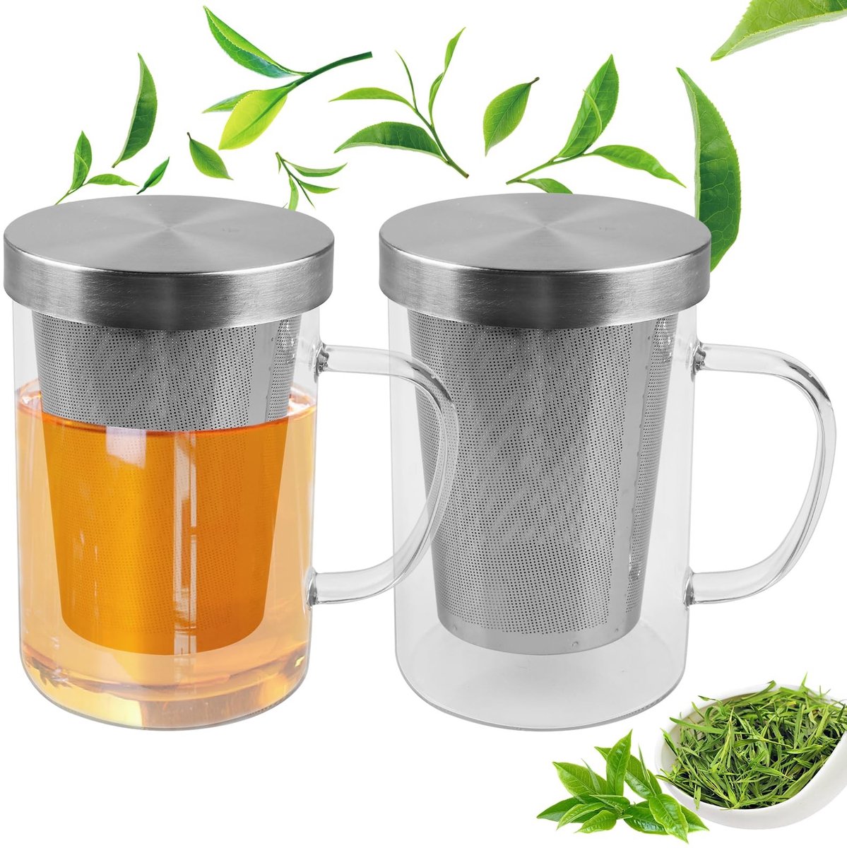 Dailygoods - Theeglas met deksel en zeef, 500 ml grote theekopjes, glazen theemaker met handvat, hittebestendig glazen theekopje met zeef, geschikt voor het bereiden van thee en geurthee, 2 stuks