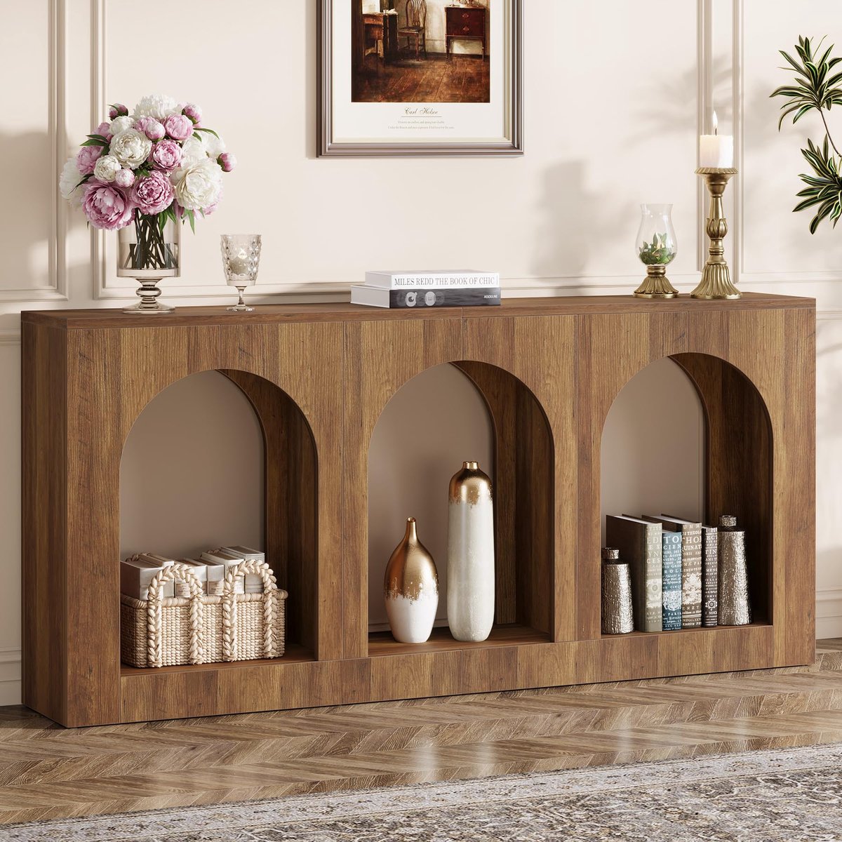 Little Trees LITTLE TREE Consoletafel - Sidetable - Hout - Rustiek Bruin - 160 x 30 x 80 cm - Smalle Tafel Met 3 Gebogen - Voor Hal, Woonkamer