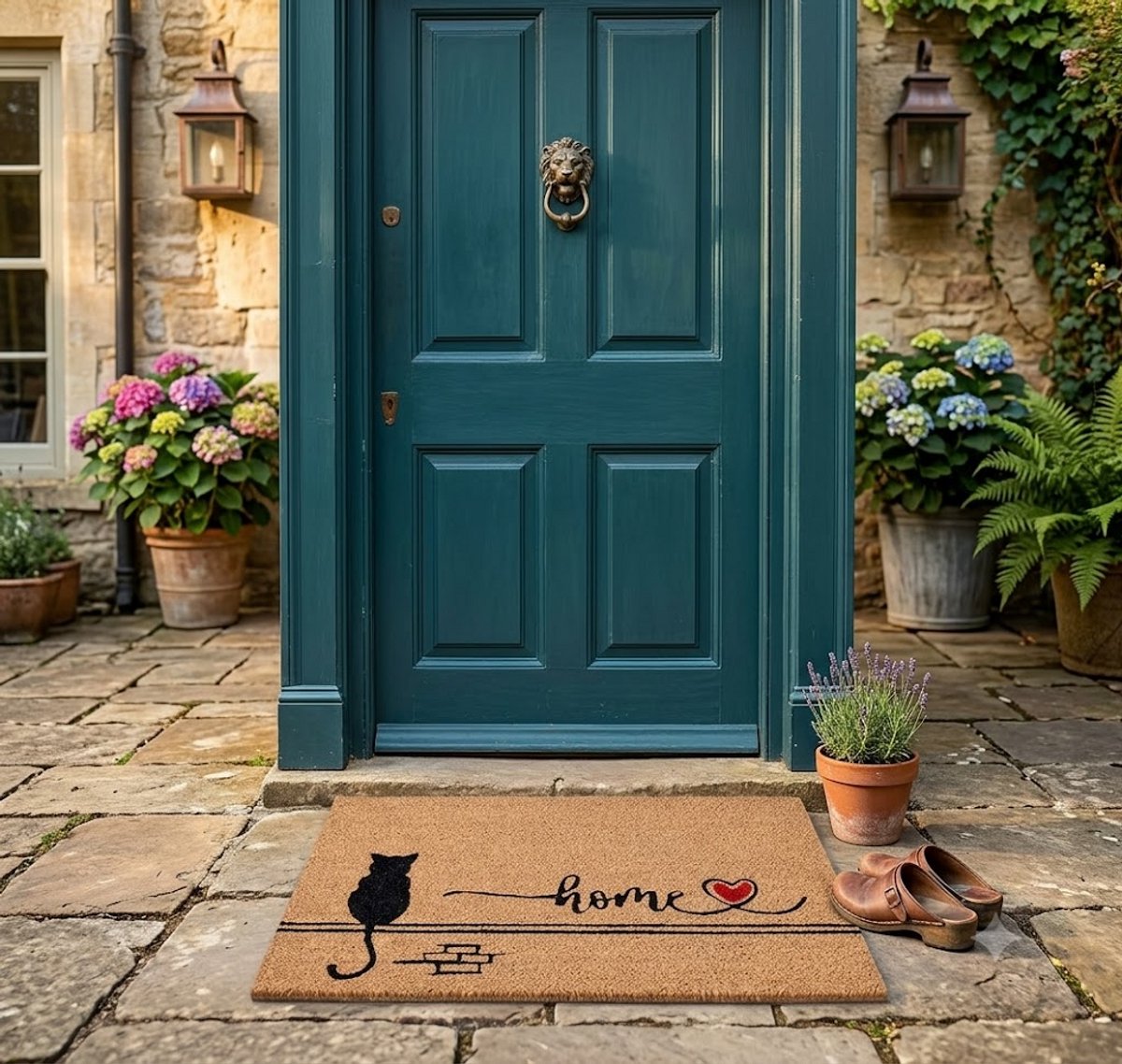 Maison Elara Deurmat Kokos 40x60 cm - Natuurlijke Kokosmat Antislip met Zwarte Kattenmotief - Voor Binnen en Buitengebruik
