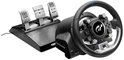 Thrustmaster T-GT II racestuur met pedalen, zwart met zilveren accenten en blauwe markering op het stuur.