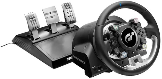 Thrustmaster T-GT II racestuur met pedalen, zwart met zilveren accenten en blauwe markering op het stuur.