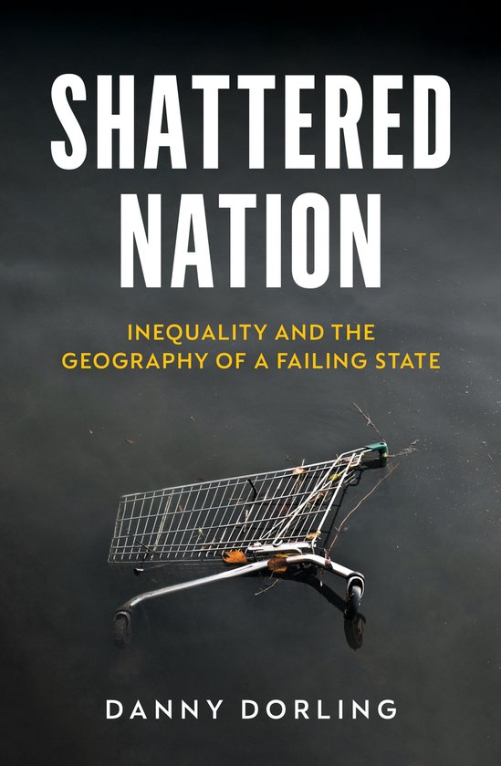 Boekcover met de titel 'Shattered Nation: Inequality and the Geography of a Failing State' van Danny Dorling. Een winkelwagentje drijft in donker, stilstaand water.
