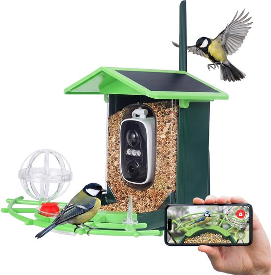 Groen vogelhuisje met zonnepaneel en camera, twee mezen en een smartphone waarop de camerafeed te zien is.
