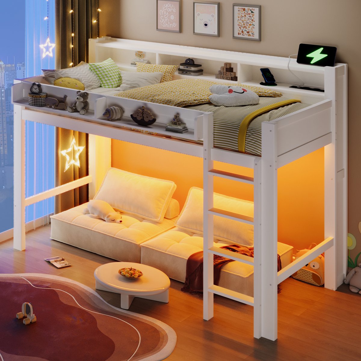 Tienerhoogslaper - Kinderhoogslaper, Houten Hoogslaper Van 90x200 Cm Met Opbergvakken, Ledverlichting En USB-Aansluiting