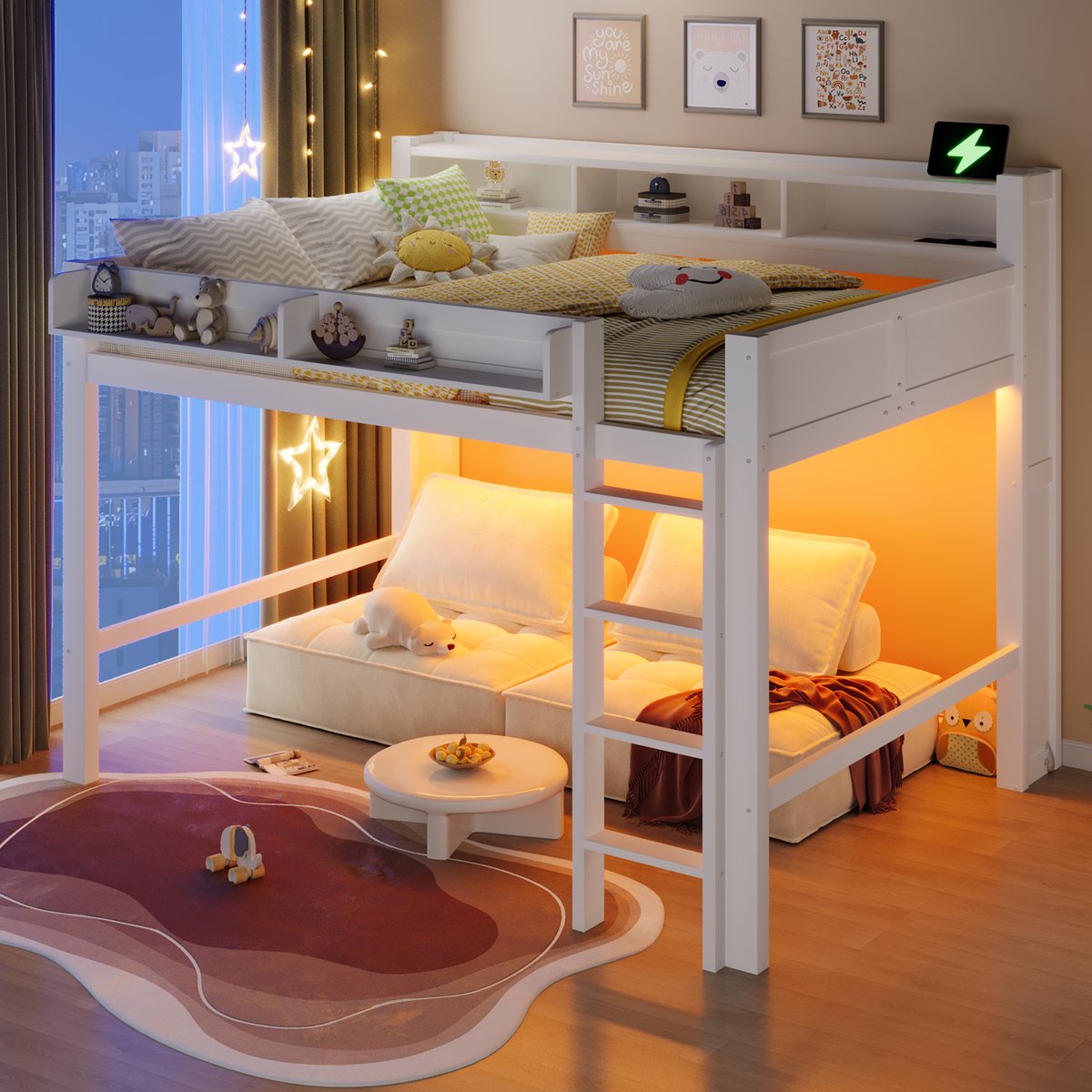 Tienerhoogslaper - Kinderhoogslaper, Houten Hoogslaper Van 140x200 Cm Met Opbergvakken, Ledverlichting En USB-Aansluiting
