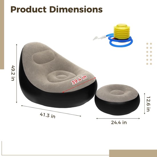Opblaasbare relaxfauteuil - Opblaasbare bank voor volwassenen - Met voetenbankje en luchtpomp - Ergonomisch - Geschikt voor woonkamers, slaapkamers, kamperen, picknicks en het strand — afbeelding 2