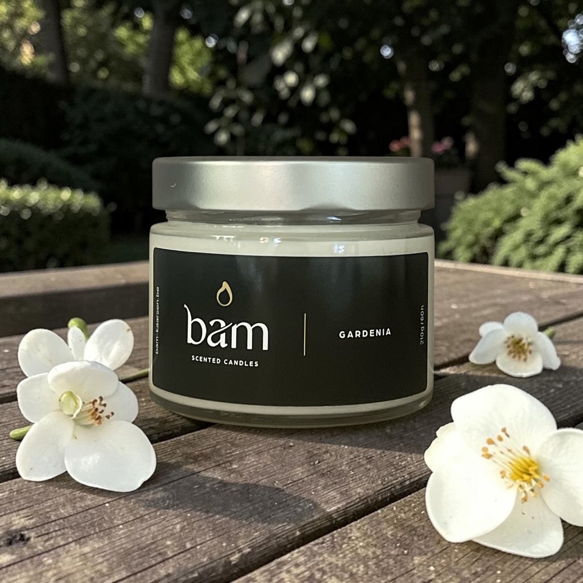 BAM Gardenia Geurkaars – Basic Collection Medium – 50 Branduren – 210 g – Zonnebloemwas – 