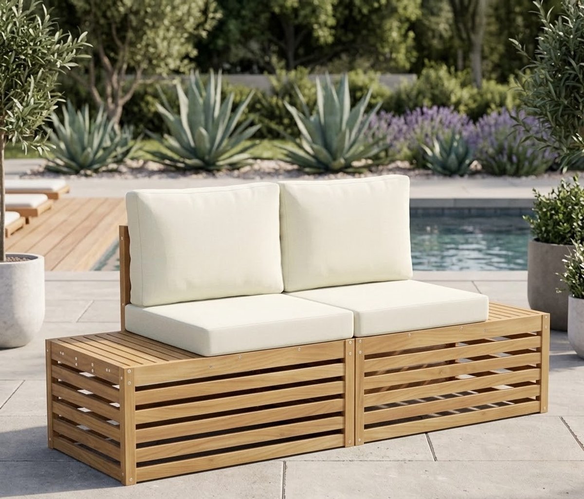 Monaco Luxe Hoek Loungesofa – Tuinbank van Acaciahout met Comfortabele Kussens, Weerbestendig voor Tuin, Terras, Balkon en Veranda – Wit – Medahomestore