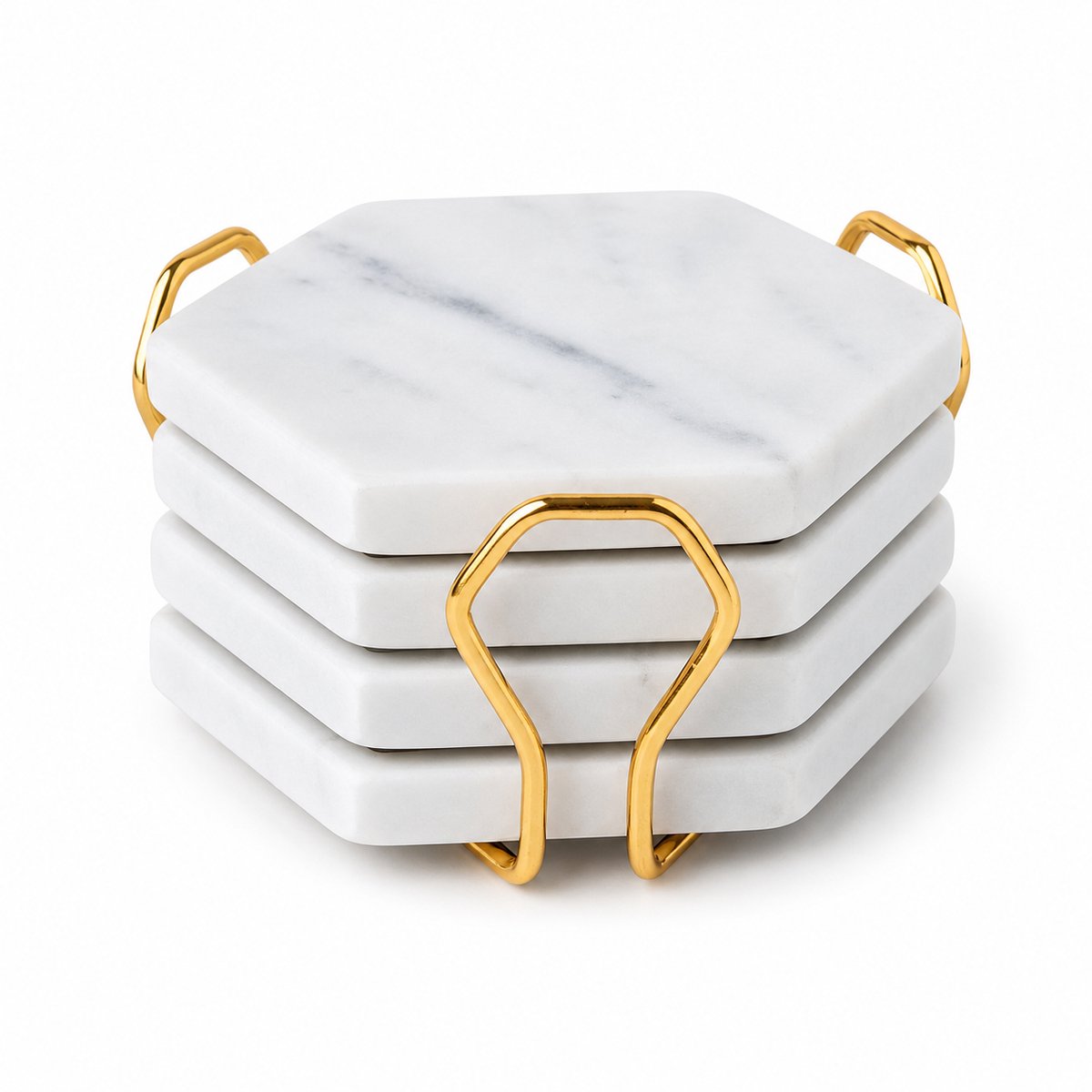 PersisCo Witte Marmeren Onderzetters met Gouden Houder – Set van 4 – Luxe Zeshoekige Natuurstenen Glasonderzetters, Premium Coaster Set voor Koffie, Wijn & Cocktails – High-End Tafeldecoratie