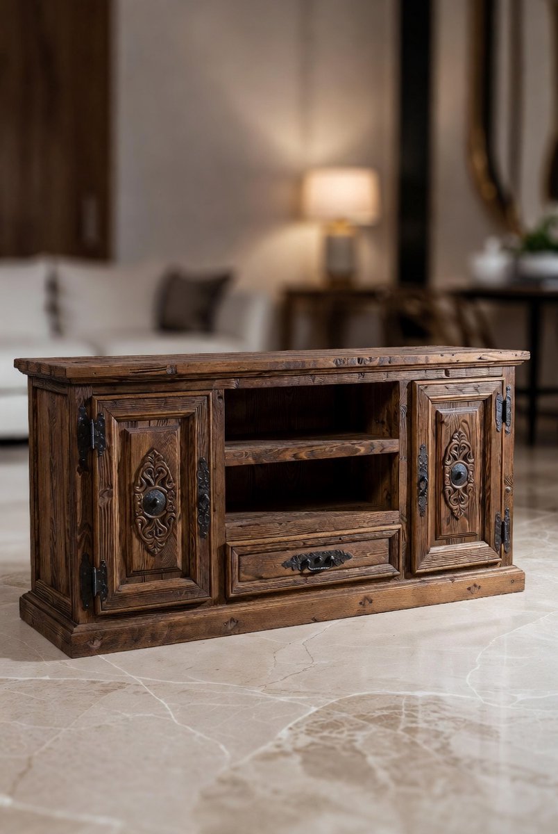 Almirah 5121-30 koloniaal lowboard, twee deuren, elk 1 lade en open vak, gerecycled hout, 150 x 45 x 50 cm-Medahomestore