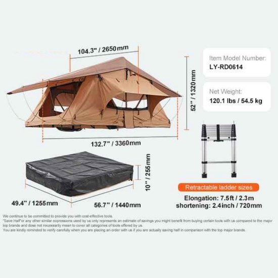 CORE Daktent - Autodaktent - Opvouwbare daktent - Harde schaal - 2 tot 3 personen - PVC hoes - Waterdicht - UV-bestendig - Inclusief verstelbare ladder - Voor SUV Pick-up Vrachtwagen etc. - Vouw afmeting 125.5x144x25.5cm - 265x336x132cm - Bruin van core — afbeelding 5