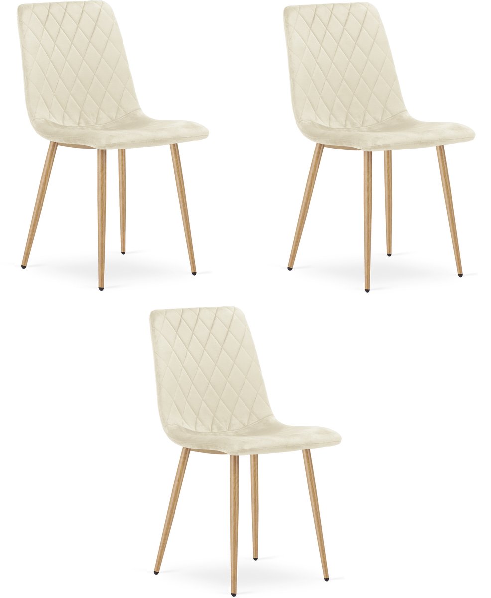 LEOBERT Set van 3 eetkamerstoelen TURIN - Lichtbeige fluweel - Eikenlook poten - Modern design