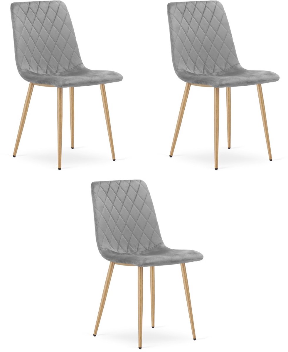 LEOBERT Set van 3 eetkamerstoelen TURIN - Lichtgrijs fluweel - Eikenlook poten - Modern design