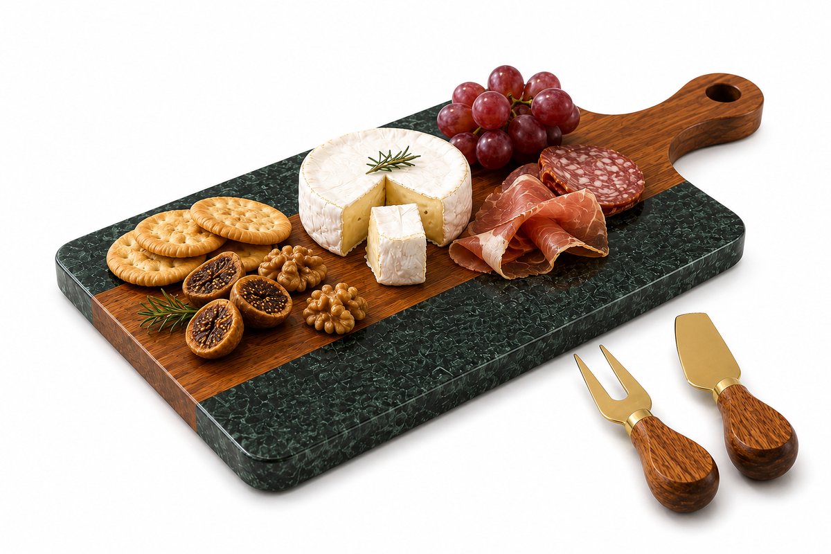 PersisCo Luxe Marmeren Serveerplank met Acaciahout – 35 x 18 cm – Exclusieve Kaasplank Inclusief Gouden Kaasmes & Kaasvork, Premium Groen Charcuterie Board voor Tapas, Borrelhapjes & Luxe Tafeldecoratie