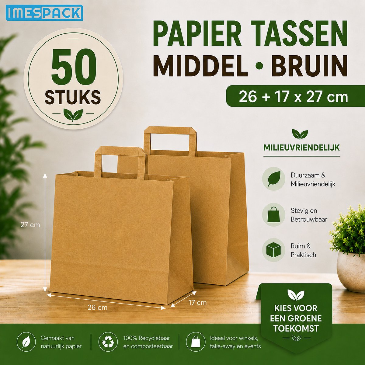 Papieren Draagtas Bruin - 26+17x27 cm - Middel - 50 Stuks - Kraft - IMES PACK