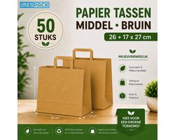Papieren Draagtas Bruin - 26+17x27 cm - Middel - 50 Stuks - Kraft - IMES PACK