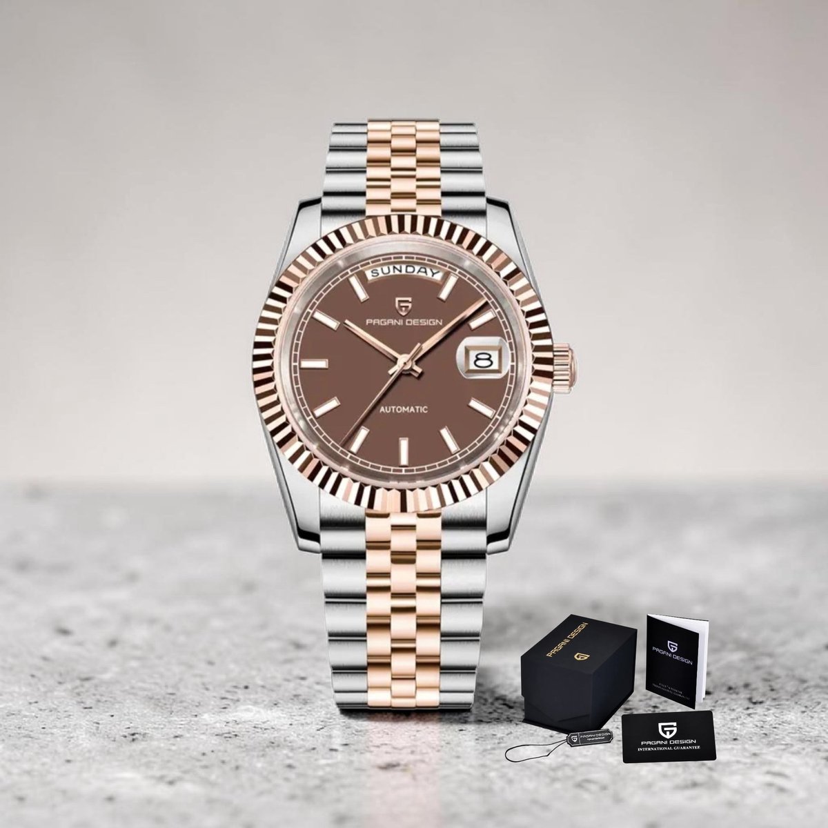 Pagani Design PD-1752 Automatisch Herenhorloge Bruin Wijzerplaat - Tweekleurig Staal Rose Goudkleurig - 36mm