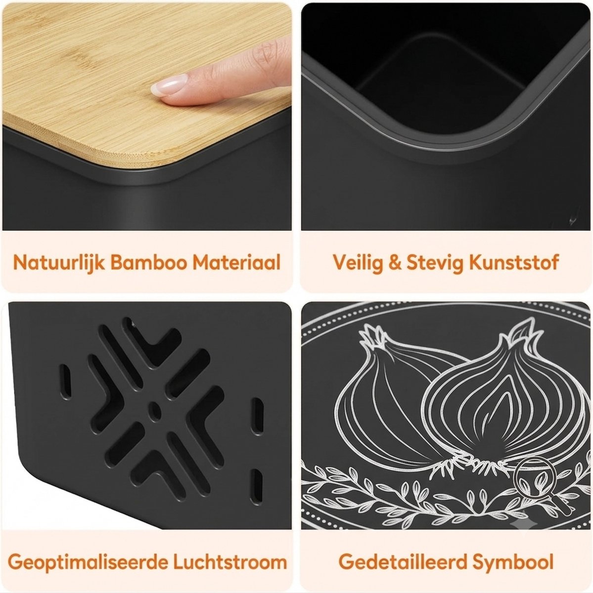 Livatto Aardappel Ui Knoflook Bewaarbak – 3-delige set – Stapelbare Voorraadbak met Bamboe Deksel en Ventilatie – Zwart – 24,2 x 18,2 x 24,2 cm