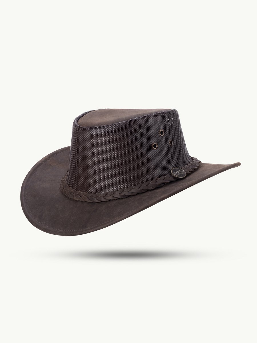 Zomerhoed Barmah Fullgrain leather Squashi cooler met gaaskroon bruin opvouwbaar maat M