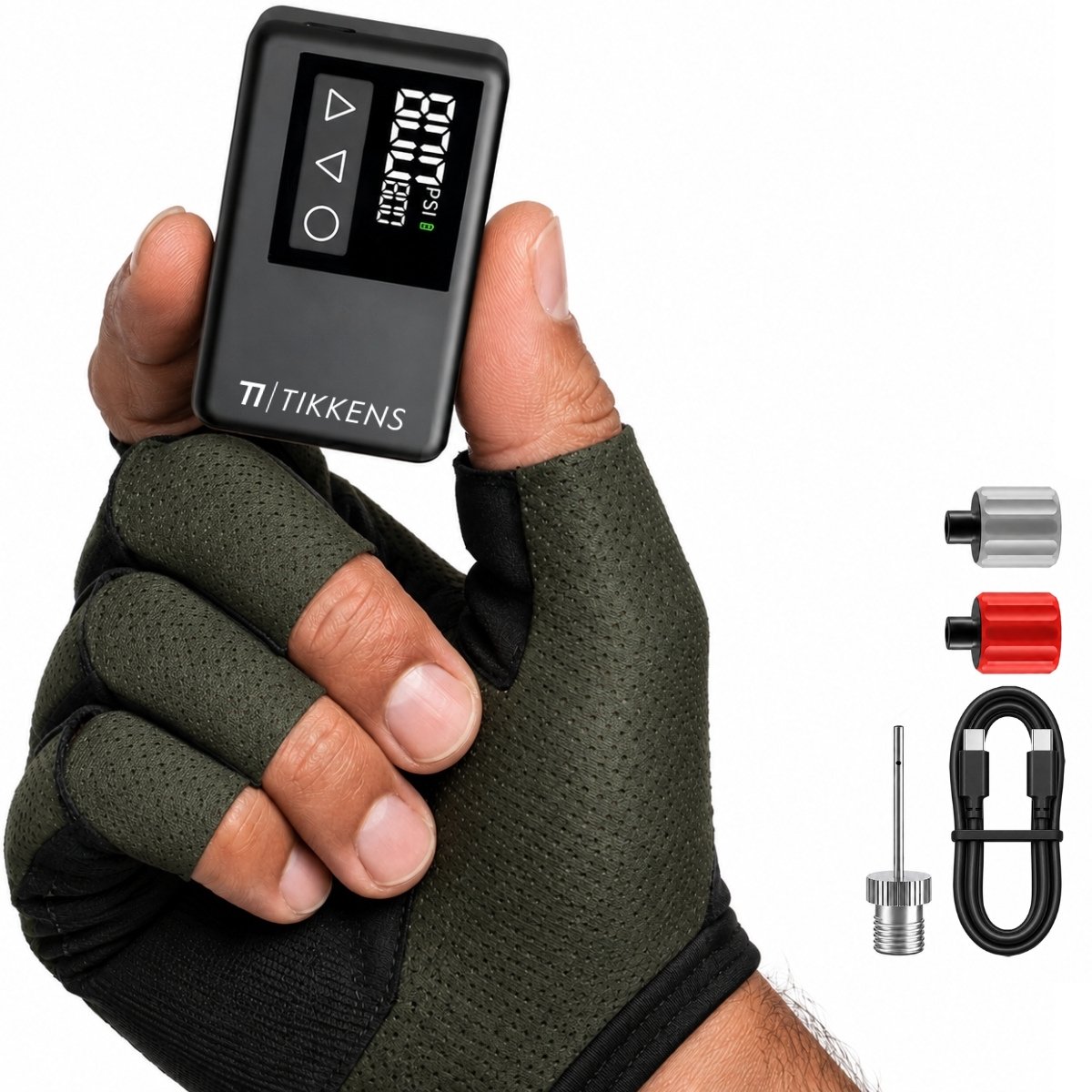 Tikkens® AirGo Elektrische Fietspomp XS - Mini Luchtcompressor - 118 gram - Draagbaar - Digitaal Display - Koersfiets - Racefiets - Gravelbike - Sportfiets - Stadsfiets - Mountainbike - Scooter - Fatbike - USB-C Oplaadbaar - Presta/Schräder/Dunlop