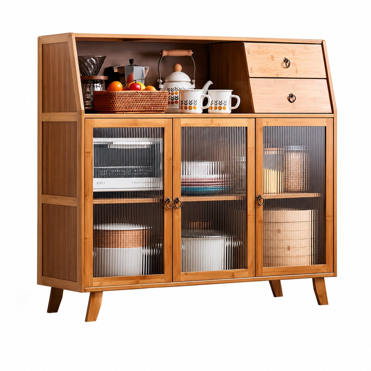 Home & Beyond® Bamboe Opbergkast met 3 Deuren en 2 Laden - Vrijstaande Keukenkast - Buffetkast met Geribbeld Glas - Opbergkast voor Keuken, Woonkamer en Eetkamer - 100 x 95 cm