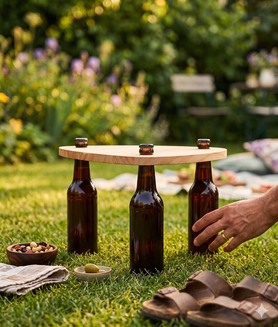 Geen Tafel? Wel Bier. - Picknicktafel op Bierflessen - Lichtgewicht Paulownia Hout, In 5 Sec Opgezet - Camping, Festival & Borrel - Dokkodo — afbeelding 4