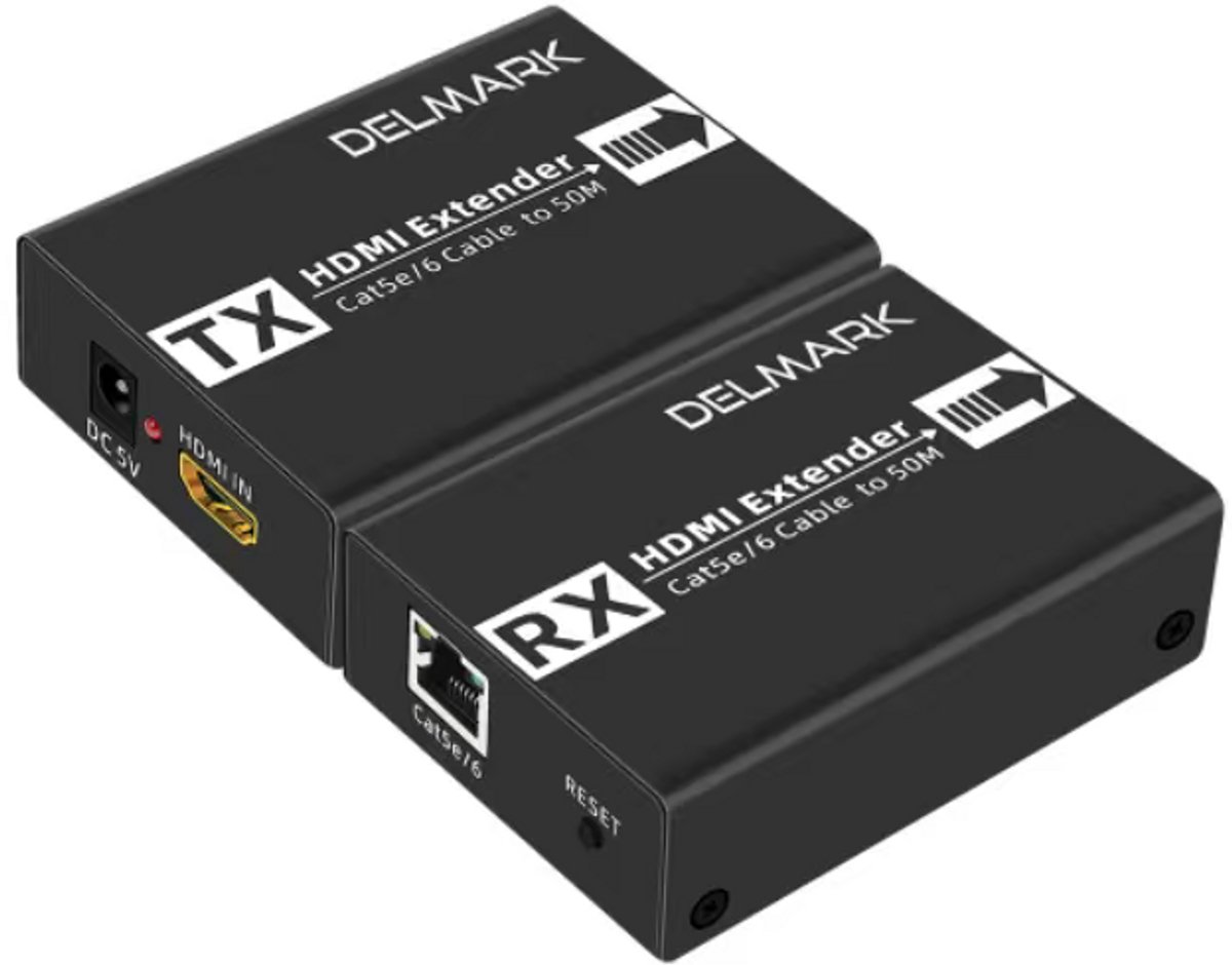 Delmark HDMI Extender 50 Meter via UTP Netwerkkabel – 1080P Full HD & 3D – HDMI Verlenger Set (Transmitter + Receiver) – Met HDMI Loop-Out – Metalen Behuizing