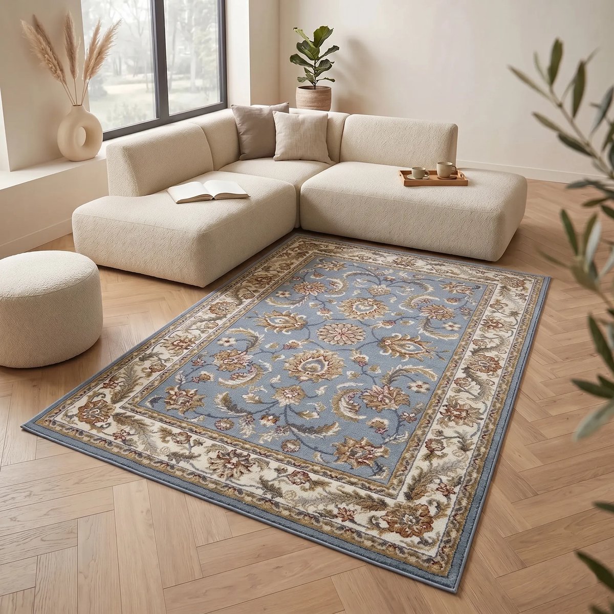 flycarpets Klassiek Mint (lichtblauw) / Creme Vloerkleed Reni - 120x170 cm - Oosters motief - Perzisch Tapijt Laagpolig - Woonkamer Grijs