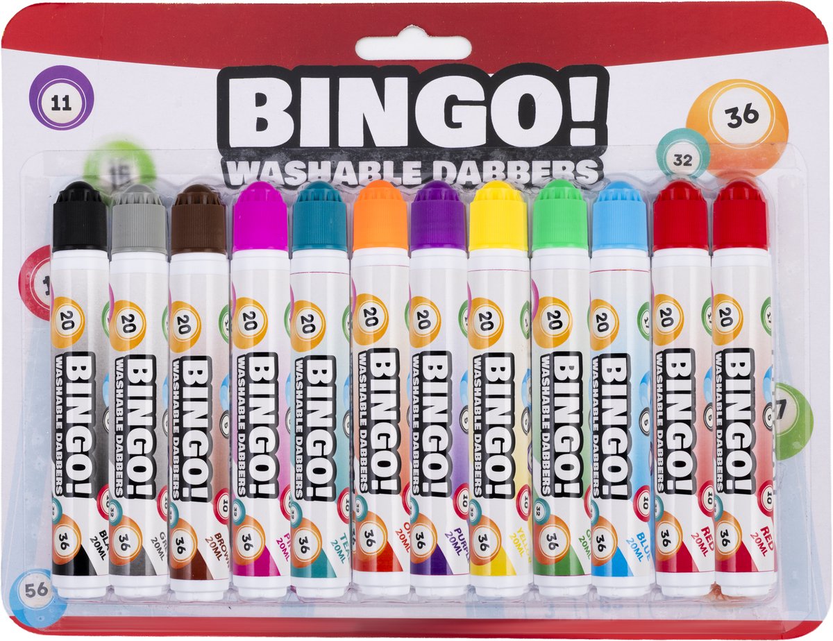 Bingo Dabbers 12 Stuks – Zwart, Grijs, Bruin, Roze, Oranje, Turquoise, Paars, Geel, Groen, licht Blauw, Rood – 20 ml per Dabber – Markeer Nummers voor Bingo Spel – Engelhart