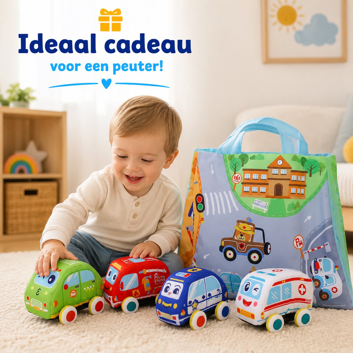 Speelmat Auto's Met Opbergtas - 4 Houten Voertuigen - Speelkleed Auto - Educatief Speelgoed - Cadeau Jongens En Meisjes Vanaf 1 Jaar — afbeelding 3