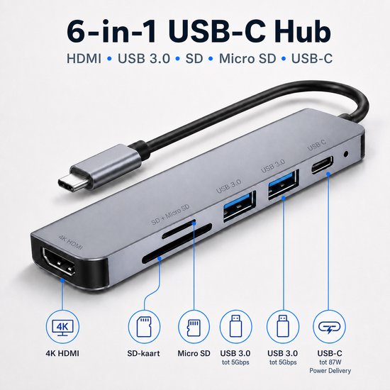 Grijze 6-in-1 USB-C hub met HDMI, 2x USB 3.0, SD/Micro SD-kaartsleuven en USB-C poort.