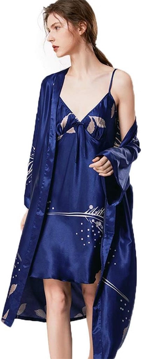 Dames Kimono - Nachtjapon Badjas - Ontspannen Thuis - Zijdezacht Materiaal - Midi Lengte - Marineblauw