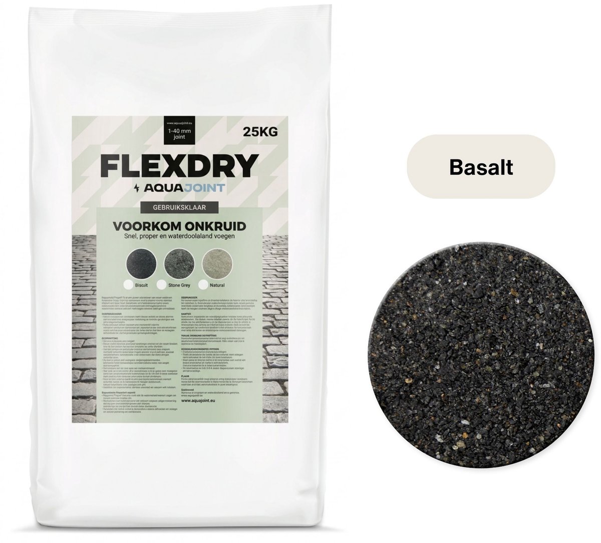 AquaJoint FlexDry Basalt 25 kg – Waterdoorlatend Polymeer Voegzand tegen Onkruid – Terras & Oprit (vanaf 1 mm voegbreedte)