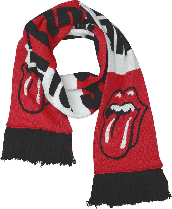 Een gevouwen Rolling Stones sjaal in rood, zwart en wit met de tekst 'THE ROLLING STONES' en de iconische tong. Zwarte franjes.