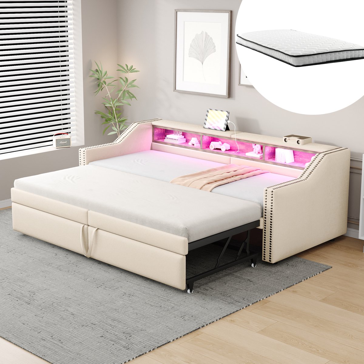 COVREO Slaapbank met uitrekbaar bedframe – Bedbank met opbergruimte – voor kleine ruimtes en logeerkamer – 90/180 x 200 cm – Beige - met matras