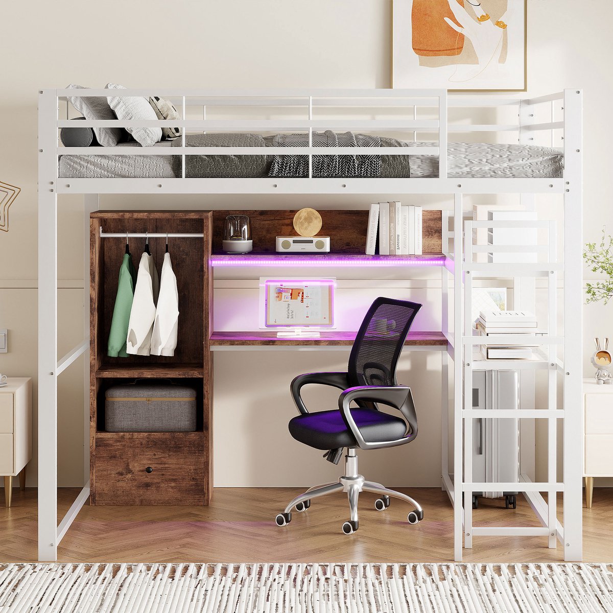 COVREO Bed 140x200 cm wit met bureau en opbergruimte zonder matras