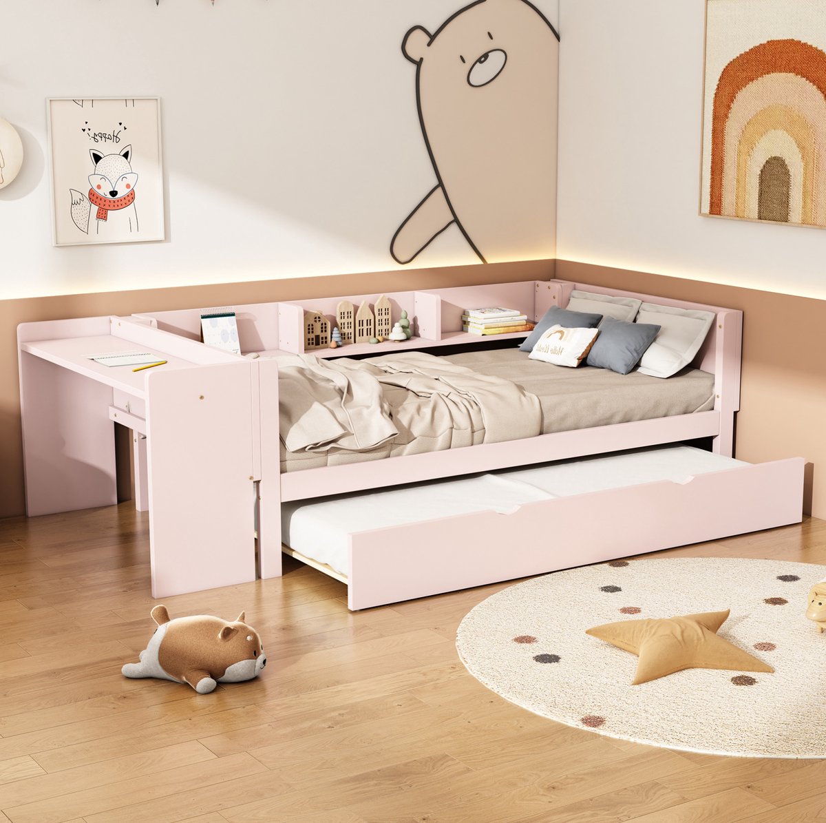 COVREO Bedframe 90x200 cm - roze, MDF en grenenhout, uitrolbed, zonder matras