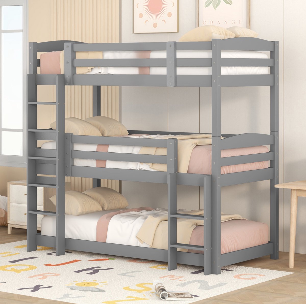 COVREO Stapelbed 90 x 200 cm grijs, hout en MDF, met ladder voor kinderen Grijs / Wit