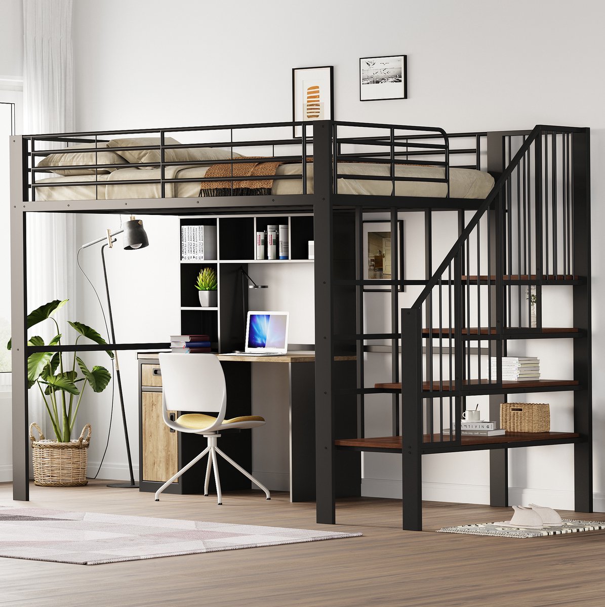 COVREO Hoogslaper met trap en opbergruimte – 140x200 cm – Metalen bed voor jong en oud – 251,5x145x169 cm – Zwart - zonder matras