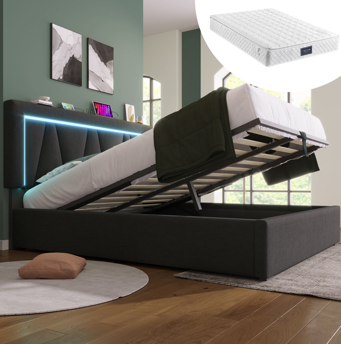COVREO Gestoffeerd tweepersoonsbed met ledverlichting, USB Type-C oplaadfunctie en ledverlichting, opbergbed, linnen bedframe, kinderbed van 160x200 mm, met lattenbodem (matras inbegrepen). Grey
