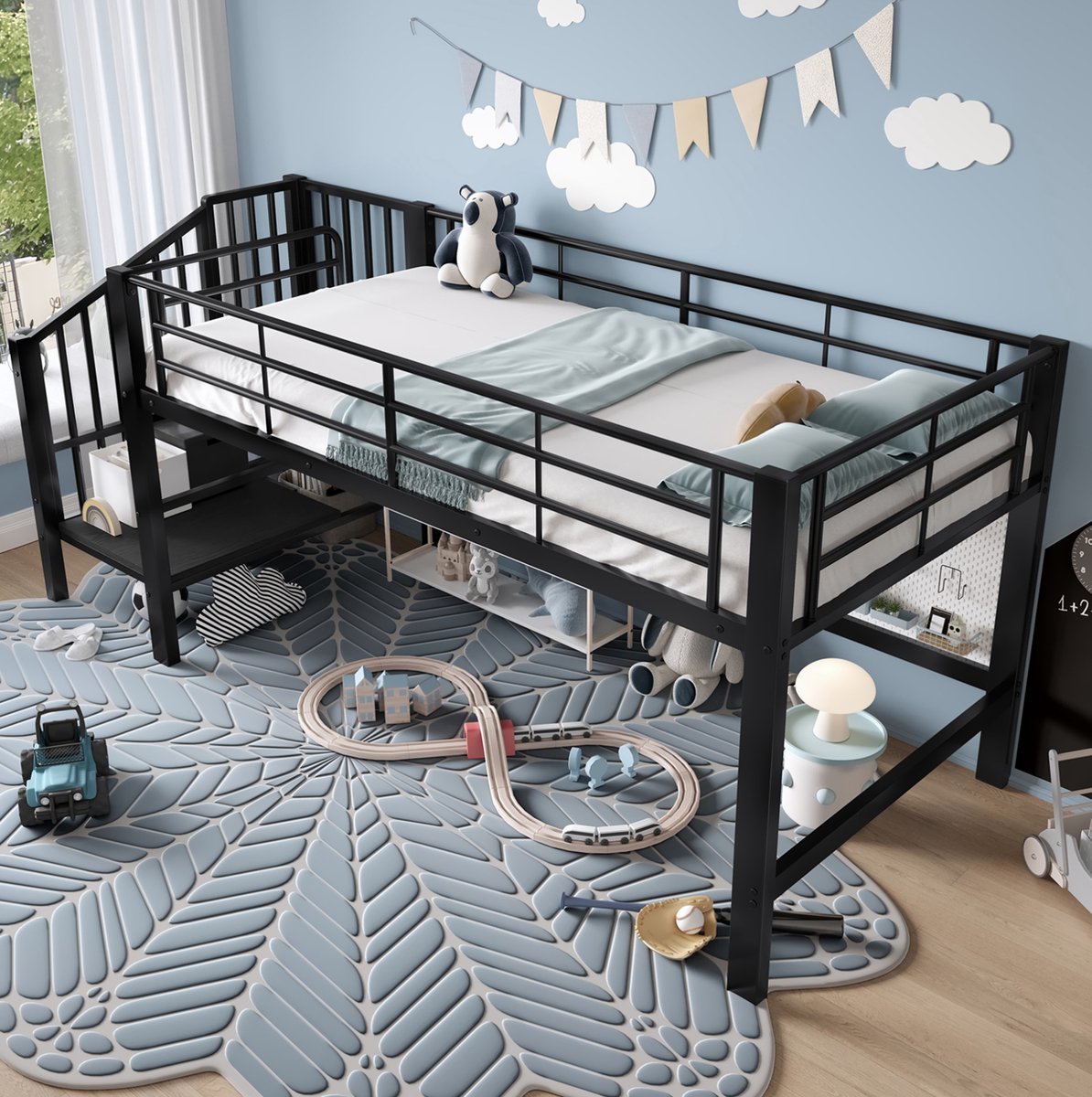 COVREO Hoogslaper met opbergtrede – 90x200 cm – Halfhoog bed met metalen frame – ruimtebesparend voor kinderkamer – Zwart - zonder matras