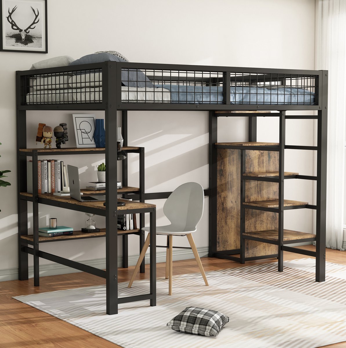 Hoogslaper, 140*200 cm, smeedijzeren bedframe, met opbergladder, meerdere planken, matras niet inbegrepen, ingebouwde kledingkast en bureau, zwart.
