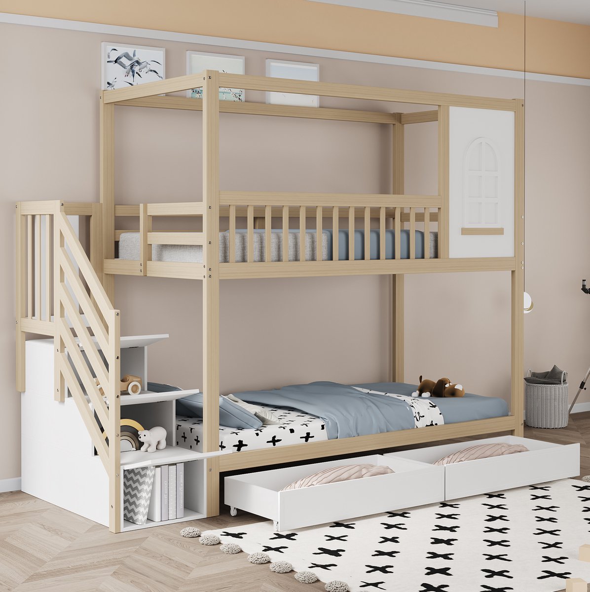 COVREO Bedframe 90x200 cm naturel/wit met opberglades zonder matras Natural Wood