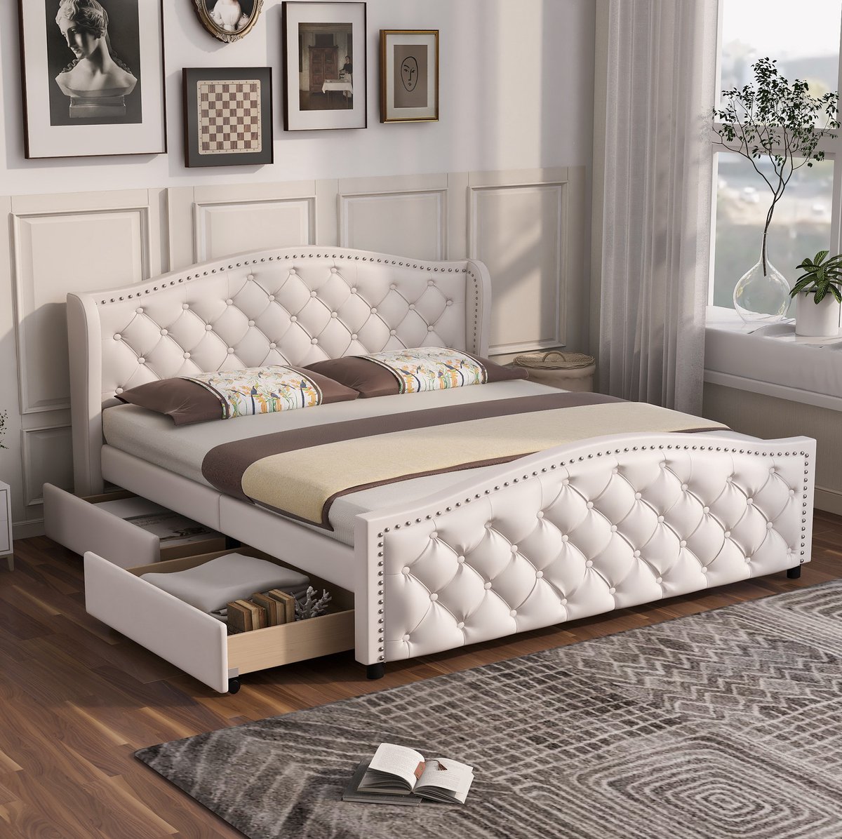 Gestoffeerd bed 140 x 200 cm - met lattenbodem, 2 lades en geklonken hoofdeinde - hout en kunstleer - wit - tienerbed/logeerbed