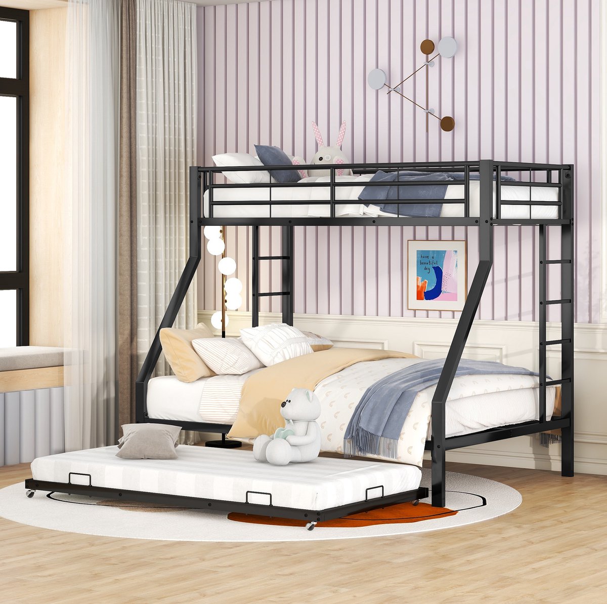 COVREO Stapelbed met uitschuifbed – 204x145x160 cm – Metaalconstructie met ladders – voor kinderen en jongeren – Zwart - zonder matras