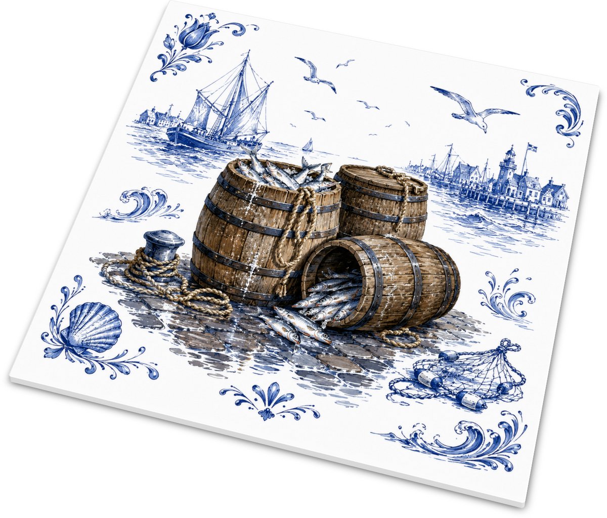 Tegeltje Hollandse Haringtonnen op de Kade - Delfts Blauw Maritiem Decoratie - Glanzend Wa