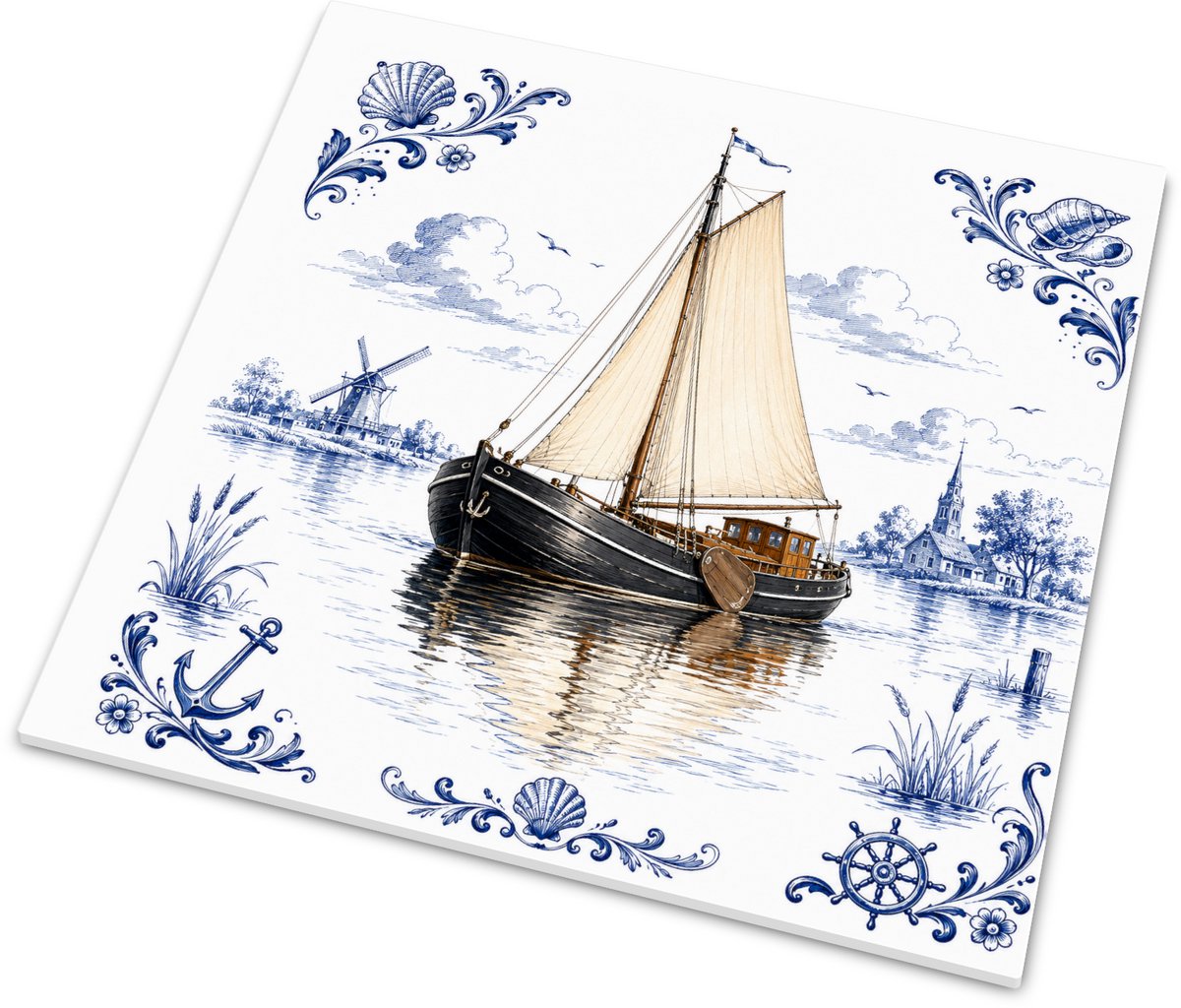 Tegeltje Klassiek Zeilschip op Kalm Water - Delfts Blauw Maritiem Decoratie - Glanzend Wan