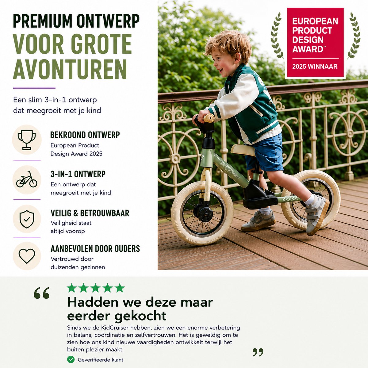 Kidcruiser Loopfiets 2+ jaar - Optioneel met LED Zijwieltjes & Trappers - 3-in-1 Kinderfiets - 12 inch – Donker Groen & Creme wit – Modulair Design - Driewieler loopfiets — afbeelding 10