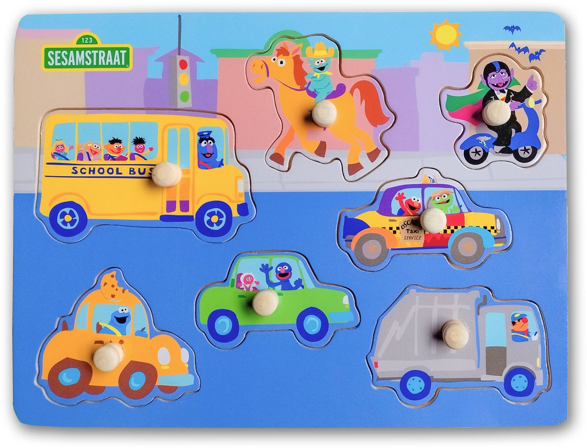 Sesamstraat - Houten Legpuzzel 7 Stukjes – Voertuigen - Kinderpuzzel voor Peuters en Kleuters – Educatief Speelgoed – Vanaf 1 Jaar