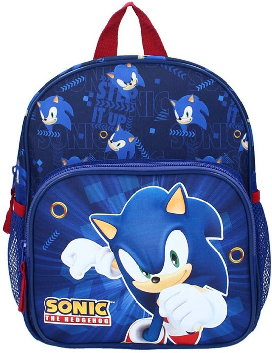 Blauwe Sonic rugzak met Sonic-print en een voorvak met een grote Sonic-afbeelding.